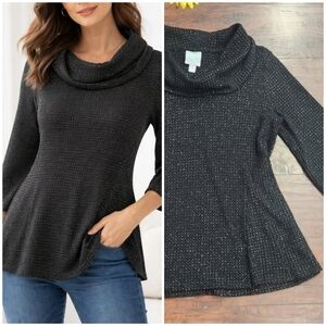 Sunday Black Silver Metallic Thread Cowlneck Waffle Knit 3/4 Sleeve Top